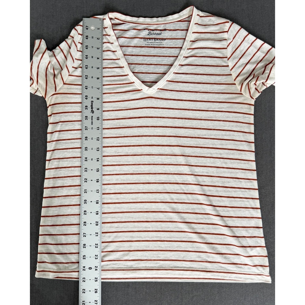 Lucky Brand Venice Burnout Striped V-Neck T-Shirt White Rust Orange Large - Picture 7 of 8